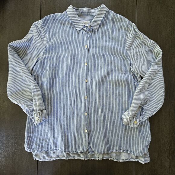 J.Jill Size L PETITE Love Linen Essential Shirt Blue White Striped Breathability - Picture 2 of 9